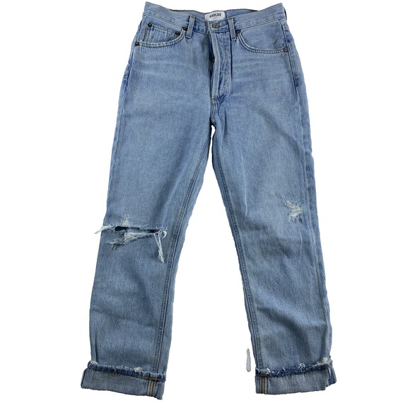 Agolde Jeans Sz 26 "Shatter" Wash Distressed Riley High Rise Straight USA Made - Picture 2 of 16